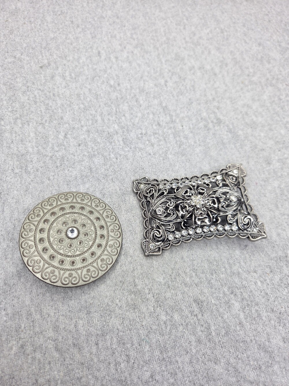 Vintage Silver Tone Belt Buckles Lot of 2 Engraved Crystal Accent Womens